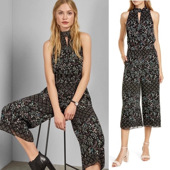 NWT‎ TED BAKER 70s Floral Halter Ruffle Neck Sleeveless Crop Wide Leg Jumpsuit 6 - Picture 4 of 16